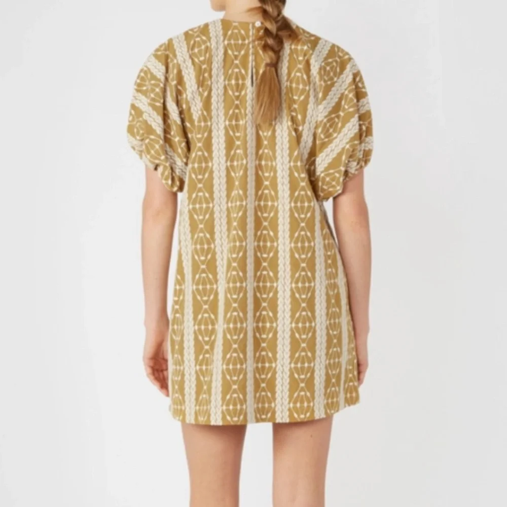 Matin Studio Embroidered Cotton Mini Dress Mustard Puff Sleeve AU 6 US 2